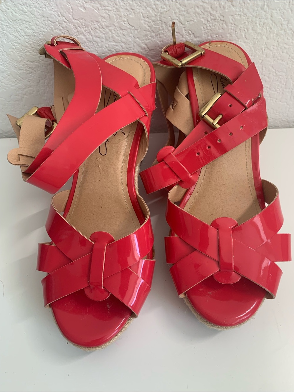Diane Gilman Red Patent Crisscross Wedge Sandals with Ankle Buckle